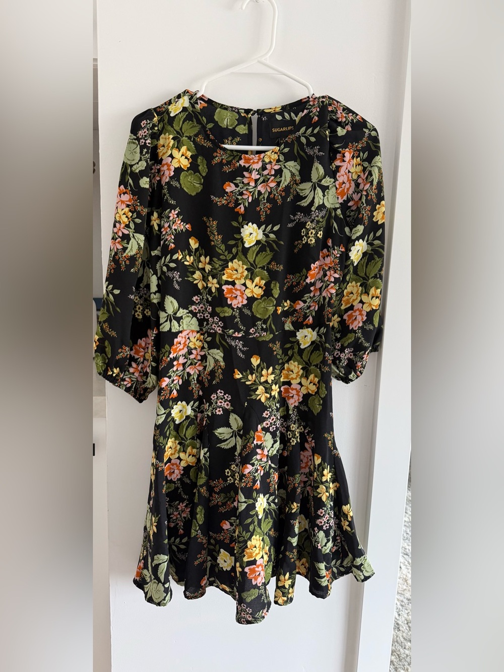 Sugarlips Black Floral Fit & Flare Mini Dress with Yellow & Green Blooms